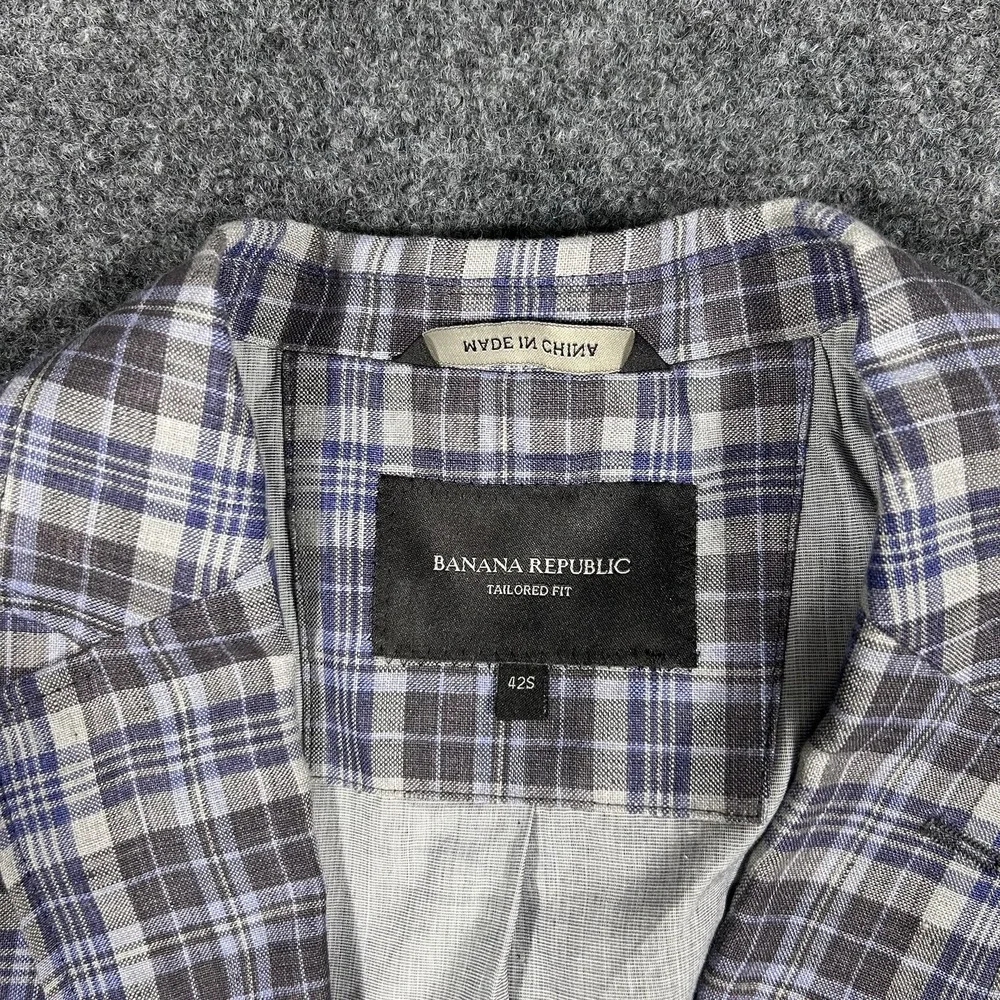 Banana Republic Sport Coat L Mens 42S Plaid 100 Linen Tailored Fit Chore Jacket